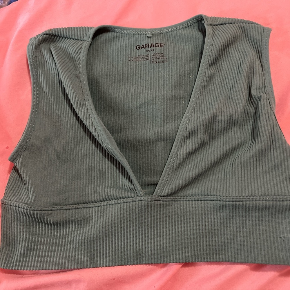 Garage Sage Green Ribbed V-Neck Top